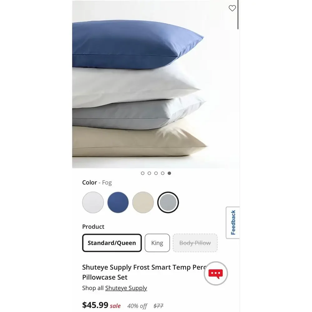 NEW! Shuteye Supply Frost Smart Temp Percale Pillowcase Set Standard/Queen Gray
